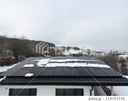 Roof solar panels with snow on top of them. Solar energy in winter. Roof solar panels with snow on top of them. Solar energy in winter. 119251538