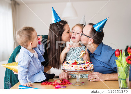 Birthday party with birthday cake. Parents and two kids having surprise birthday party. Birthday party with birthday cake. Parents and two kids having surprise birthday party. 119251579