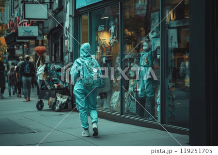A lively street corner with a person in teal attire strolling past shop windows filled with intriguing displays in the heart of a bustling city 119251705