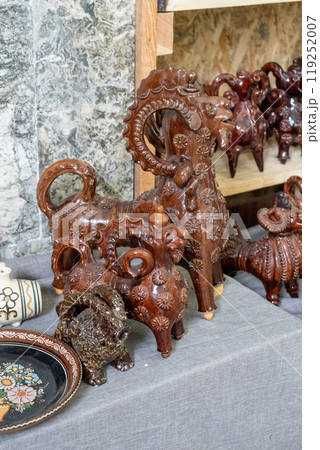 Decanter Ram. Animal shape figurine. Tableware. Ukrainian dishes. Clay ceramics. Old decor. 119252007