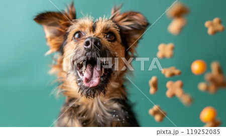The cheerful dog eagerly sits with a wide-open mouth and joyful expression as tasty treats are tossed above, celebrating a moment of fun and play indoors The cheerful dog eagerly sits with a wide-open mouth and joyful expression as tasty treats are tossed above, celebrating a moment of fun and play indoors 119252085