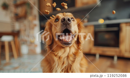 A cheerful golden retriever sits eagerly, its mouth open wide in excitement as treats rain down from above. Sunlight fills the cozy kitchen, enhancing the joyful moment A cheerful golden retriever sits eagerly, its mouth open wide in excitement as treats rain down from above. Sunlight fills the cozy kitchen, enhancing the joyful moment 119252086