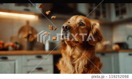 A curious golden retriever intently observes pieces of dog food gently floating in a warm, inviting kitchen filled with natural light A curious golden retriever intently observes pieces of dog food gently floating in a warm, inviting kitchen filled with natural light 119252098