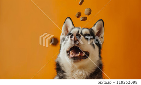 A cheerful husky sits under an orange background, eagerly trying to catch flying treats with a big smile. Its playful nature is on full display 119252099