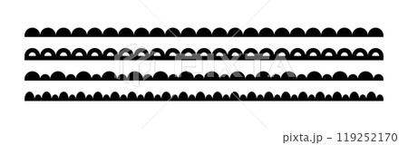 Scalloped edge seamless strokes set. Simple scalloped border. Fabric laces silhouette. Repeat cute vintage frill ornament. Texture ribbons. Vector illustration isolated on white background Scalloped edge seamless strokes set. Simple scalloped border. Fabric laces silhouette. Repeat cute vintage frill ornament. Texture ribbons. Vector illustration isolated on white background 119252170