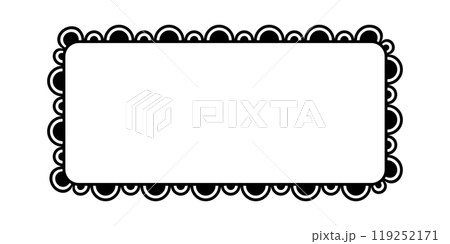 Scalloped edge square frame. Simple rectangle scalloped border. Fabric lace pattern frame. Repeat cute vintage frill ornament. Texture ribbon. Vector illustration isolated on white background 119252171