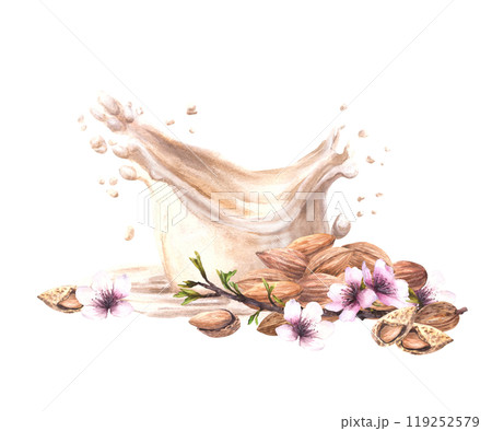 Almond milk drink and milky splashes with almond tree branch, leaves and flowers. Watercolor hand drawn illustration. Yogurt, cream plant based soy vegan product label. Clipart on isolated background Almond milk drink and milky splashes with almond tree branch, leaves and flowers. Watercolor hand drawn illustration. Yogurt, cream plant based soy vegan product label. Clipart on isolated background 119252579