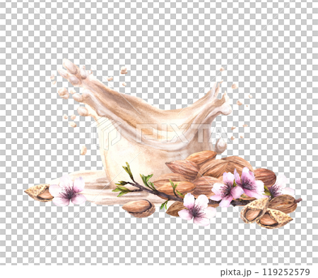 Almond milk drink and milky splashes with almond tree branch, leaves and flowers. Watercolor hand drawn illustration. Yogurt, cream plant based soy vegan product label. Clipart on isolated background Almond milk drink and milky splashes with almond tree branch, leaves and flowers. Watercolor hand drawn illustration. Yogurt, cream plant based soy vegan product label. Clipart on isolated background 119252579