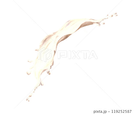 Stream of milk. White liquids splash, splatters. Dairy product. Watercolor hand drawn illustration. Flowing milk, yogurt or cream. Clipart for label food, drink recipes. Isolated from background 119252587