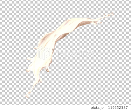 Stream of milk. White liquids splash, splatters. Dairy product. Watercolor hand drawn illustration. Flowing milk, yogurt or cream. Clipart for label food, drink recipes. Isolated from background 119252587