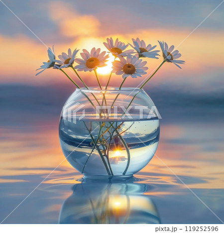 Daisies in Glass Vase with Sunset Reflection Over Calm Water 119252596
