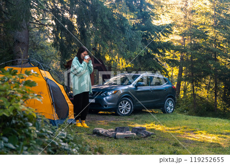 Camping by the Fire in a Serene Forest 119252655