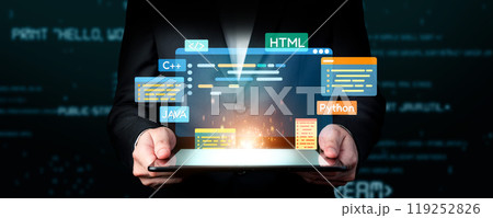 Software developer work with coding overlays of programming languages EIDE Software developer work with coding overlays of programming languages EIDE 119252826