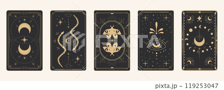 Tarot reverce border magic sacred frame gold line border celelstial mystery esoteric cover card decoration with snake stars and moon on dark background. Tarot reverce border magic sacred frame gold line border celelstial mystery esoteric cover card decoration with snake stars and moon on dark background. 119253047