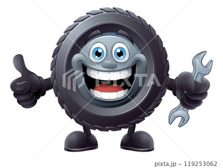 A Tyre or Tire Cartoon Car Service Mechanic Mascot 119253062