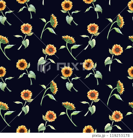 Watercolor seamless pattern with yellow vibrant sunflower branches. Hand drawn repeat pattern for wrapping wallpaper fabric textile 119253178