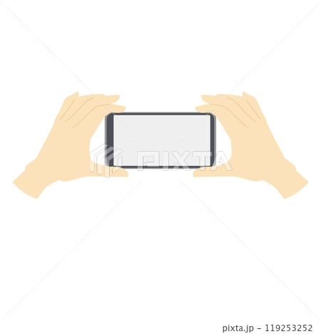 スマホのカメラを両手で7操作する手のイラスト素材カラー線少なめタイプ 119253252