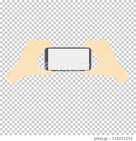 スマホのカメラを両手で7操作する手のイラスト素材カラー線少なめタイプ 119253252
