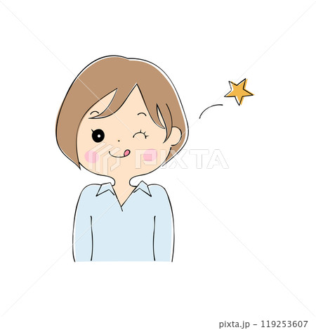 ウインクする若い女性　表情バリエーション_肌色　ペン画風 119253607