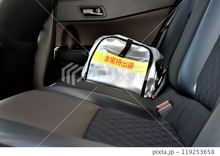 自動車の後部座席に積み込んだ非常持ち出し袋 自動車の後部座席に積み込んだ非常持ち出し袋 119253658