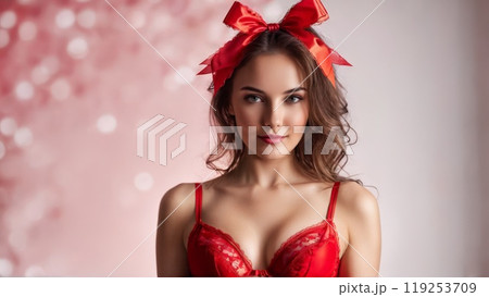 Cheerful woman in red lingerie with playful bows soft studio backdrop happy 119253709