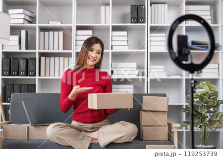 Young Woman Selling Products Online from Home Using Laptop and Ring Light for E-commerce Business Young Woman Selling Products Online from Home Using Laptop and Ring Light for E-commerce Business 119253739