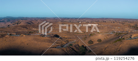 The image shows a vast desert landscape with oil rigs, rolling hills, and sparse vegetation under a clear blue sky, highlighting industrial activity. The image shows a vast desert landscape with oil rigs, rolling hills, and sparse vegetation under a clear blue sky, highlighting industrial activity. 119254276
