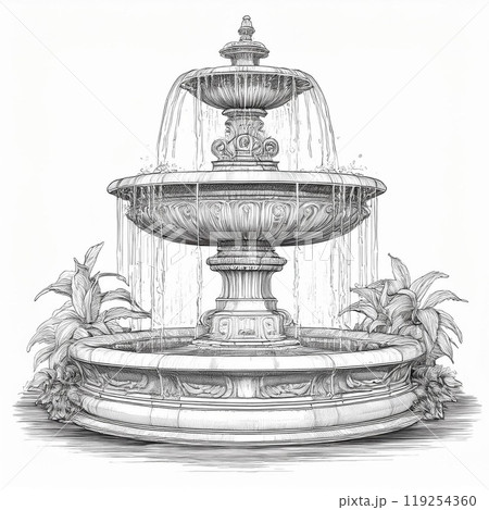 Ornate fountain sketch with flowing water andのイラスト素材