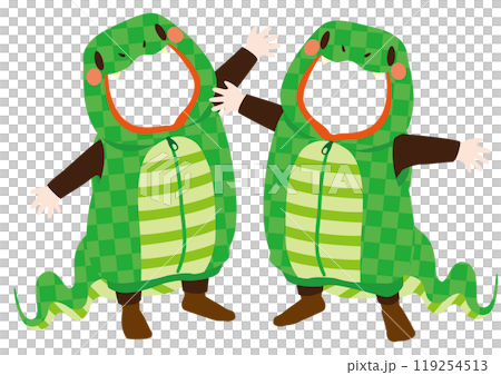 Vector illustration of a cute snake costume that you can put your face into (for 2 people) Vector illustration of a cute snake costume that you can put your face into (for 2 people) 119254513