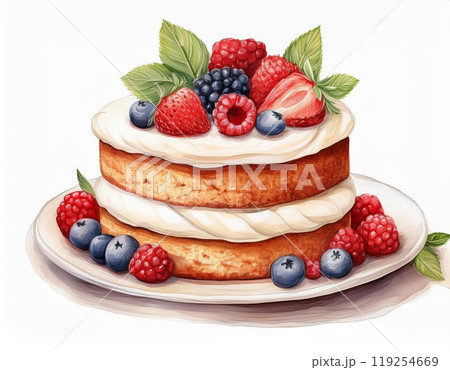 Delicious layered cake topped with fresh berries and cream, white isolated background. Delicious layered cake topped with fresh berries and cream, white isolated background. 119254669