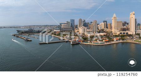 San Diego's skyline features modern skyscrapers, historic buildings, and landmarks like One America Plaza and USS Midway Museum along the waterfront. 119254760