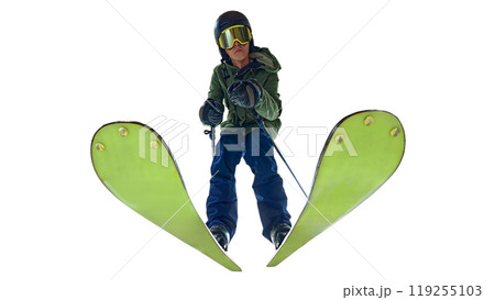 Wide-angle shot of skier leaning into the turn, maintaining control at high speed against white studio background. Intense skiing in action. Wide-angle shot of skier leaning into the turn, maintaining control at high speed against white studio background. Intense skiing in action. 119255103