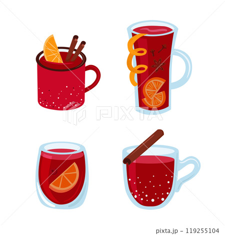 Mulled wine in a glass, mug, cup. Set of illustrations on a white background. 119255104