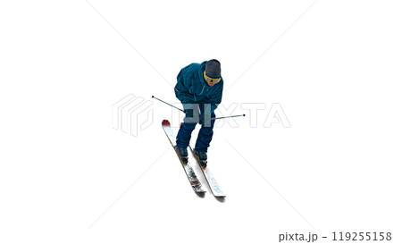 Active male skier in mid-motion, leans forward for swift descent. Movement and intensity of his expression show determination. Active male skier in mid-motion, leans forward for swift descent. Movement and intensity of his expression show determination. 119255158