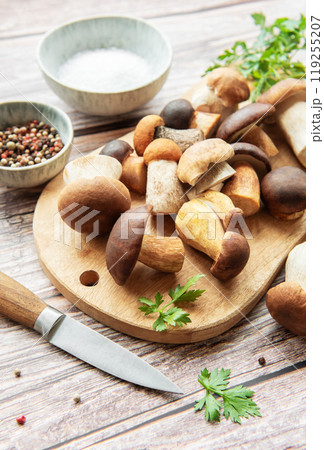 A colorful assortment of fresh mushrooms on a wooden cutting board with herbs and spices A colorful assortment of fresh mushrooms on a wooden cutting board with herbs and spices 119255207