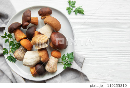 A variety of fresh mushrooms displayed on a plate surrounded by green herbs  119255210