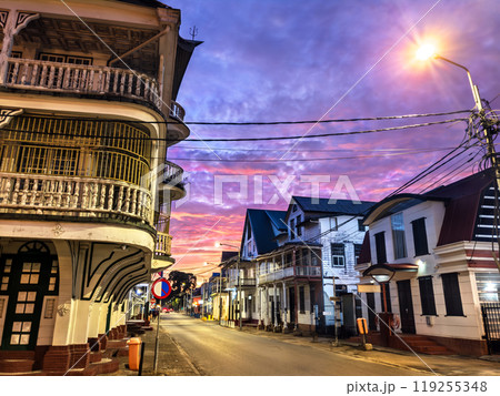 Architecture of Historic Inner City of Paramaribo at sunset, UNESCO world heritage in Suriname 119255348
