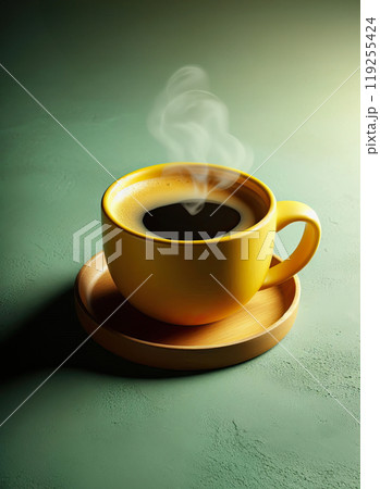 Yellow cup of coffee on isolated green concrete background close up 119255424