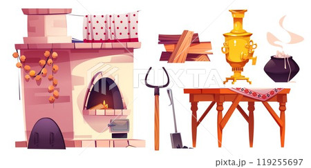 Old russian kitchen inside interior. Farm house Old russian kitchen inside interior. Farm house 119255697