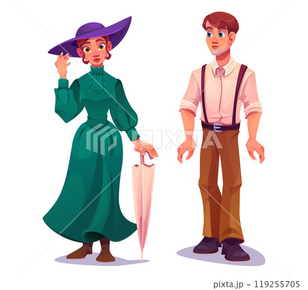 man and woman in Victorian times fashion clothing. 119255705