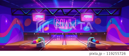 Bowling center interior with alley and pins 119255726