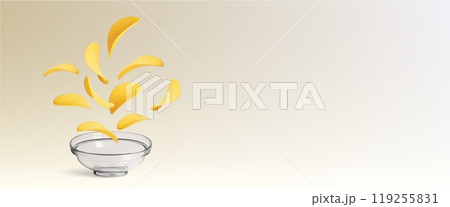 Potato chips falling in glass bowl Potato chips falling in glass bowl 119255831