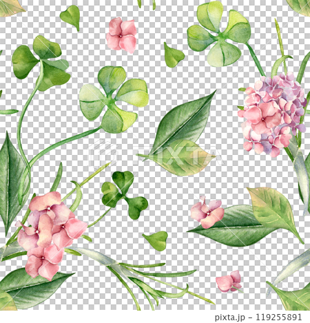 Shamrock, pink hydrangea and leaves watercolor seamless pattern isolated. Floral repeat background with spring flowers and herbs painted. Botanical art design for home textile, Happy Easter. Shamrock, pink hydrangea and leaves watercolor seamless pattern isolated. Floral repeat background with spring flowers and herbs painted. Botanical art design for home textile, Happy Easter. 119255891