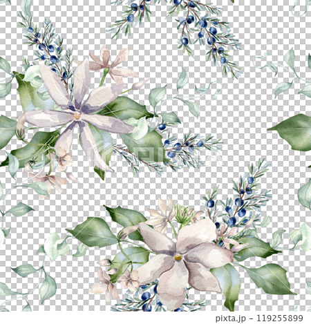 Jasmine pink flowers and juniper branch watercolor seamless pattern isolated. Floral repeated texture in soft tones hand drawn. Blooms and coniferous painted for wedding, Christmas background. 119255899