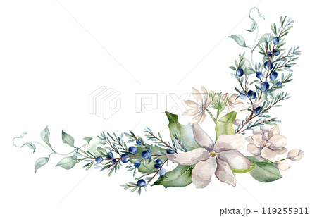 Jasmine pink flowers and juniper branch watercolor illustration isolated. Corner floral arrangement in soft tones in botanical style hand drawn. Blooms and coniferous plants for wedding, Christmas. Jasmine pink flowers and juniper branch watercolor illustration isolated. Corner floral arrangement in soft tones in botanical style hand drawn. Blooms and coniferous plants for wedding, Christmas. 119255911