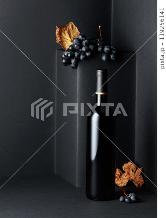Bottle of red wine and blue grapes with dried up vine leaves on a black background. 119256141