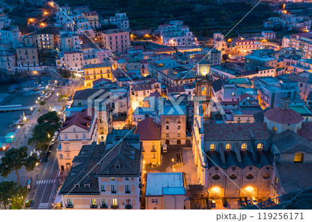 Night aerial view of centre of Minori, Amalfi Coast in Campania region of Italy. Night aerial view of centre of Minori, Amalfi Coast in Campania region of Italy. 119256171