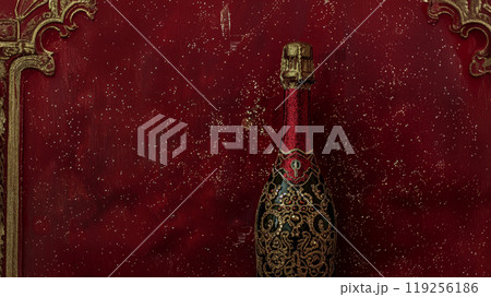 Luxurious champagne bottle with ornate design and golden glitter on elegant red background for festive celebrations 119256186
