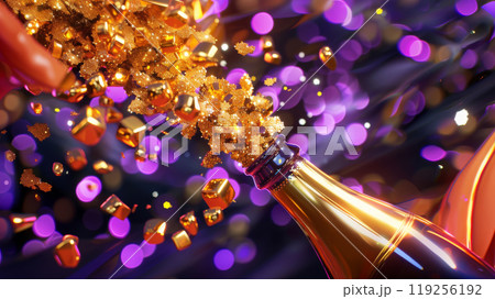 Celebration concept with champagne bottle and golden glitter explosion for festive events 119256192