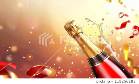 Festive champagne celebration with golden glitter and ribbons for holiday events 119256195